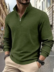 Men's Solid Color Small Plaid Half-High Neck Long Sleeve Sweatshirt, Fitted, Zipper Textured Knit Fabric, Casual Sporty Fall Pullover for Outdoor Activities, Fall outfits