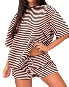 Spring Summer Stripe Print 2 Piece Outfit Women | Oversized T-Shirt + Drawstring Shorts | Soft Casual Lounge Set  for Daily Home Vacation Wear