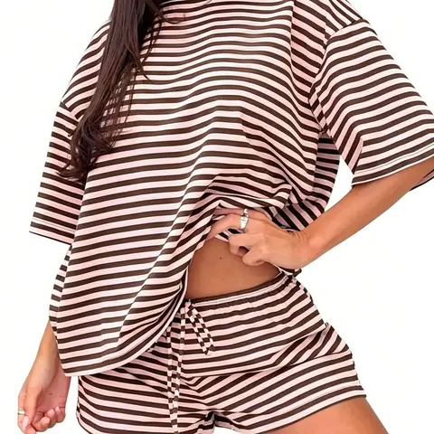 Spring Summer Stripe Print 2 Piece Outfit Women | Oversized T-Shirt + Drawstring Shorts | Soft Casual Lounge Set  for Daily Home Vacation Wear