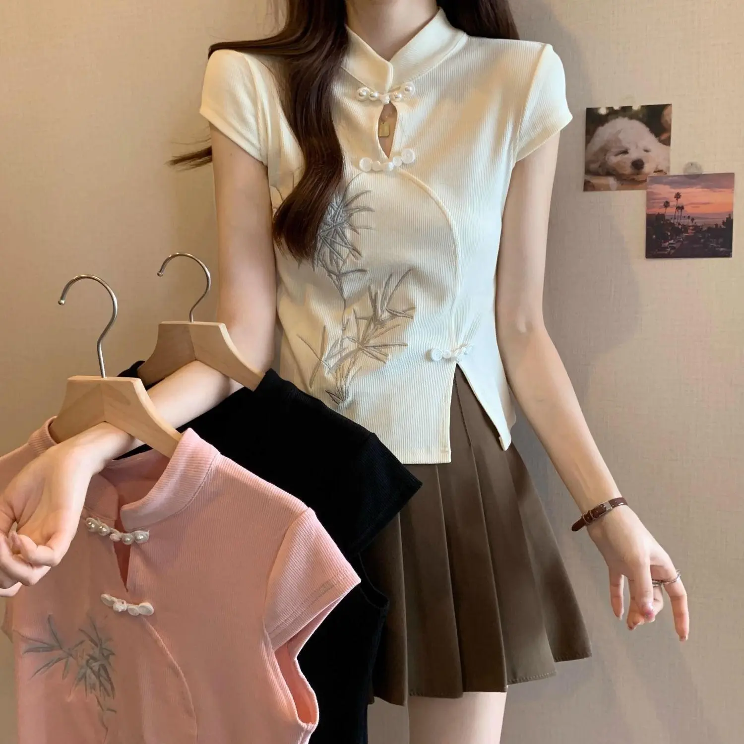 New‑Oriental Mandarin Collar Frog Button Embroidered Short Sleeve Top, Asymmetric Slit Slim‑Fit Summer Blouse