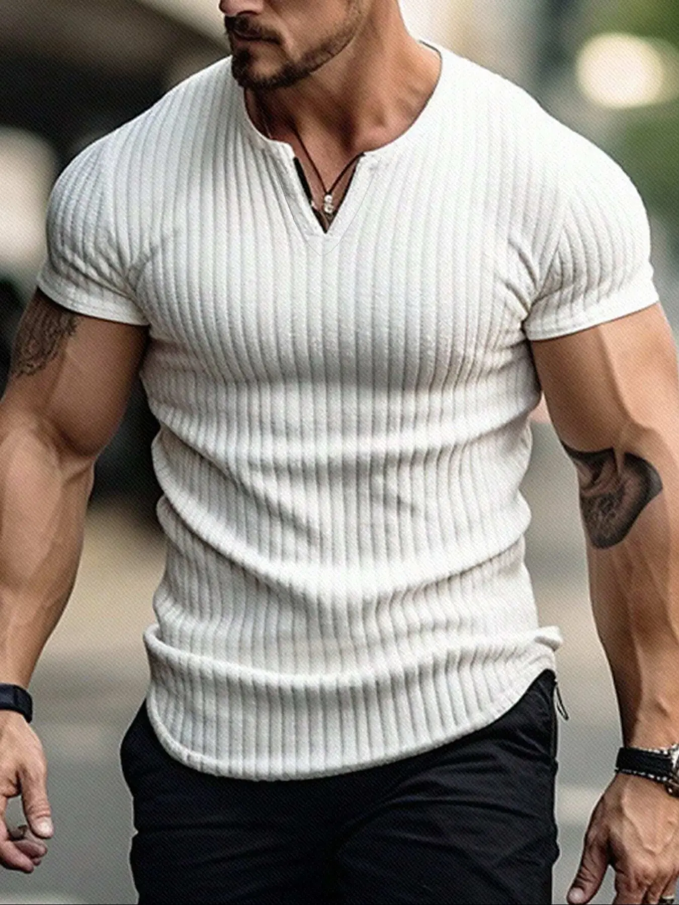 Men's Spring & Summer Vertical Textured V-Neck Short Sleeve T-Shirt, Athletic Shirts, Fitness Workout & Gym Wear, Solid Color Old Money Style Casual Athletic Fashion Activewear