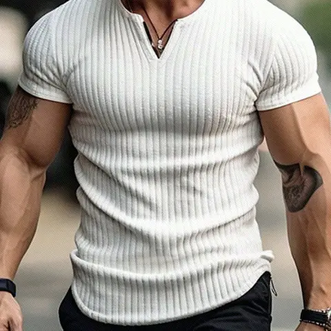 Men's Spring & Summer Vertical Textured V-Neck Short Sleeve T-Shirt, Fitness Workout & Gym Wear, Athletic Workout Clothing, Solid Color Old Money Style Casual Athletic Fashion Activewear