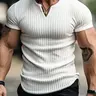 Men's Spring & Summer Vertical Textured V-Neck Short Sleeve T-Shirt, Fitness Workout & Gym Wear, Athletic Workout Clothing, Solid Color Old Money Style Casual Athletic Fashion Activewear