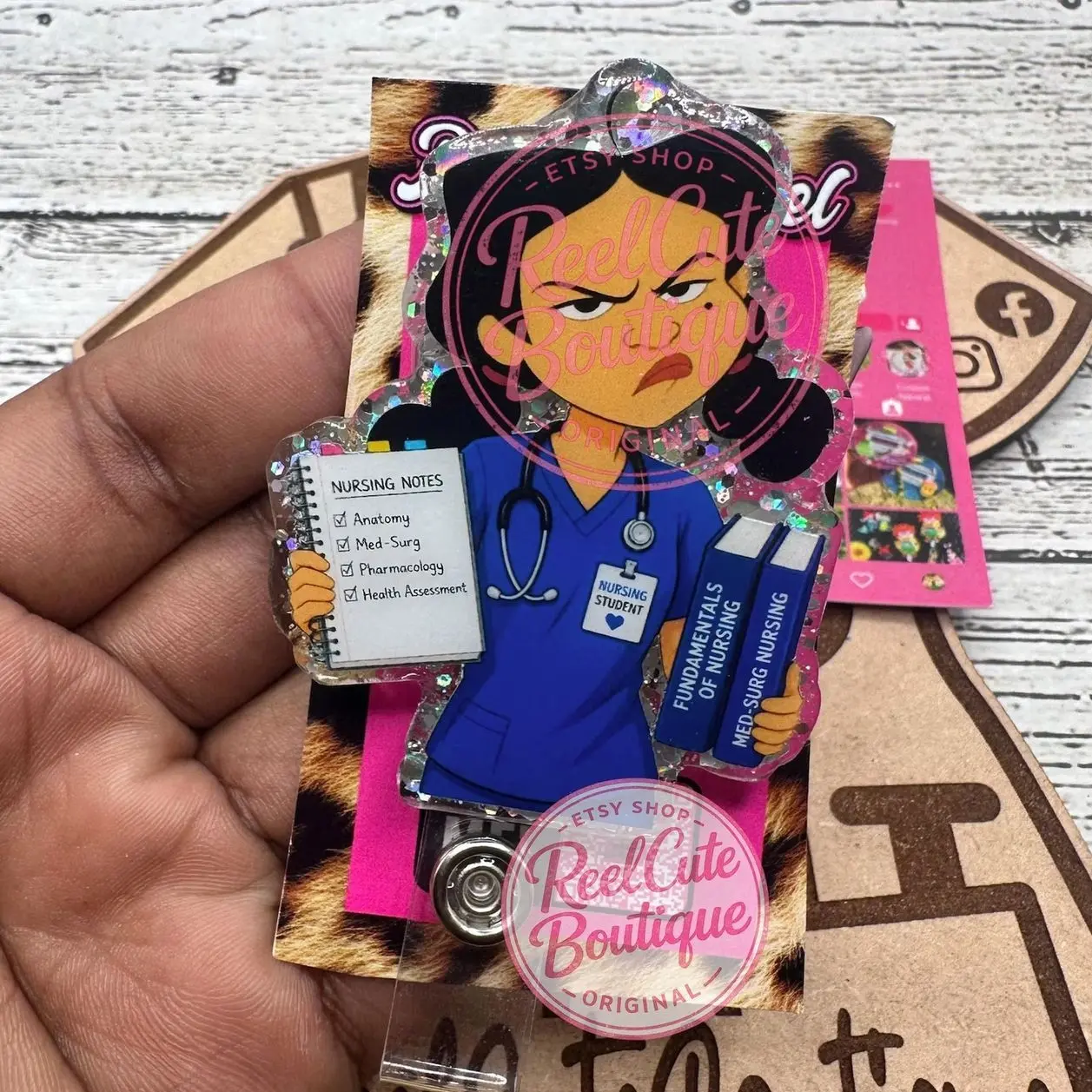 Nursing Student Glitter Badge Reel: Funny Nurse ID Holder