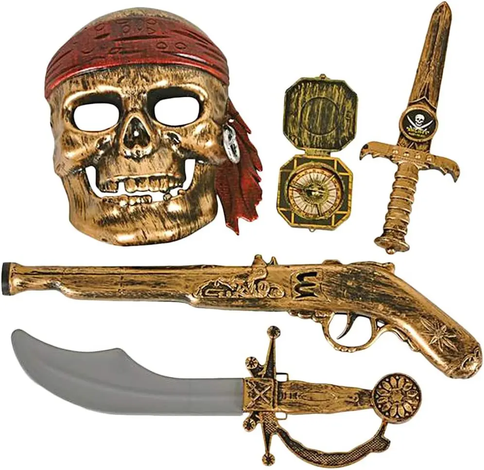 Pirate Play Set for Kids, 5PC Playset with Plastic Sword, Pistol, Dagger, Compass, and Mask, Pirate Halloween Costume Accessories and Photo Booth Props, Fun Pretend Play Set