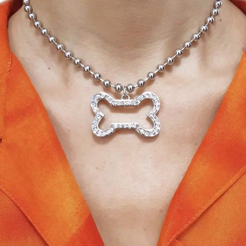 Rhinestone Dog Bone Pendant Ball Chain Necklace -Punk Choker Y2k Sliver Gothic Choker For Women