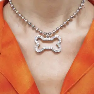 Rhinestone Dog Bone Pendant Ball Chain Necklace -Punk Choker Y2k Sliver Gothic Choker For Women