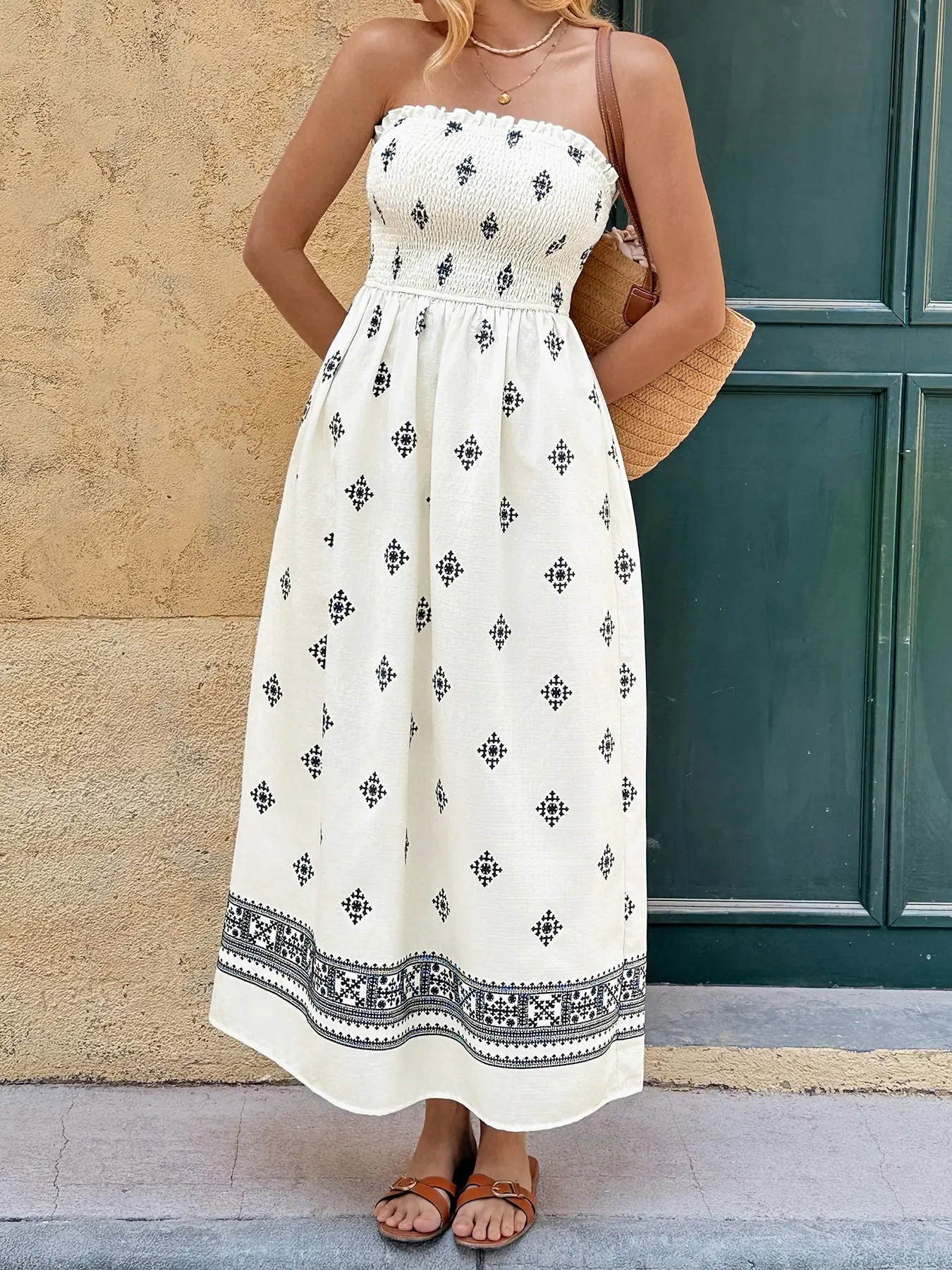 Bohemian Style Boho Elastic Halter Printed Long Dress, Summer Waist  Cinching Slimming Fit Vacation Midi Dress, Women's Fashion Casual Wear  Womenswear, Casual Fashionable Dress - TikTok Shop