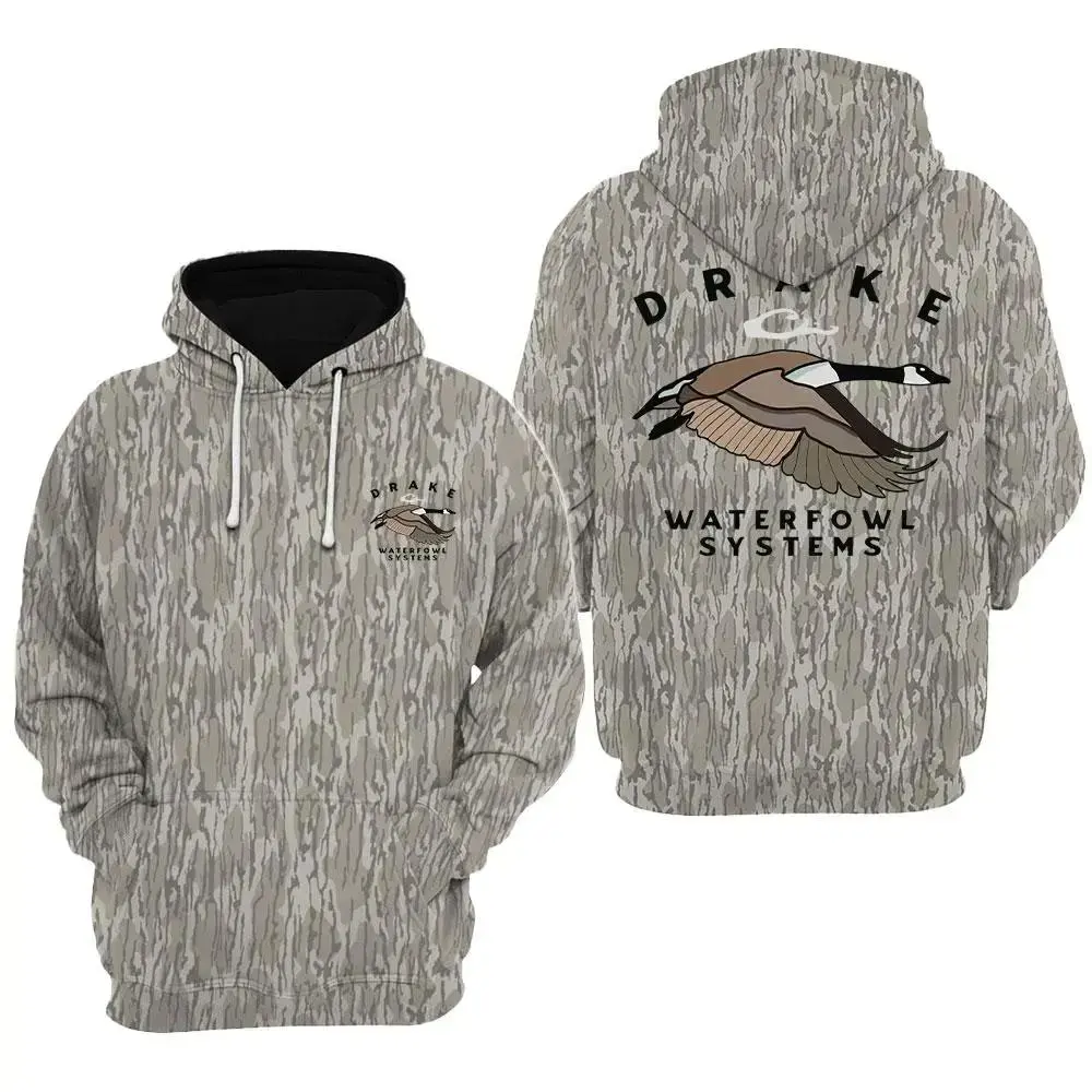 Drake Waterfowl Systems Goose Hunting Camo Hoodie for Men, Canada Goose Graphic Pullover Sweatshirt, Bottomland Style Waterfowl Hunting Hoodie