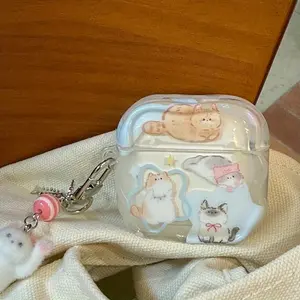 Cute Cartoon Cat AirPods Case with Pendant, Compatible with Apple AirPods 1/2/Pro Series, Stylish Wireless Bluetooth-compatible Earphone Cover, Unique Design Accessory