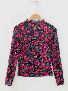 Rose Slim Fit Floral Mesh Long Sleeve Mock Neck Top