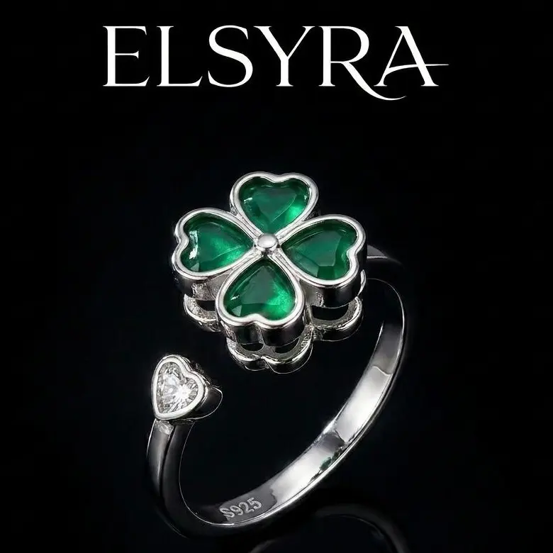 S925 Sterling Silver Ring Spinner Ring relieve stress funny,Rotatable Green Opal Four-Leaf Clover Ring Women'S Adjustable Opening Temperament Ring, Boho and Classic Style, Suitable for Daily and Vacation the clover-shaped symbolizing luck