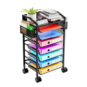 Simple Trending 8 Tier Metal Rolling File Cart, with Sliding Trays and Two pen holders, Metal Mesh Paper Letter Storage Multi-Functional Rolling Clutter Cart, for Office Home, Black