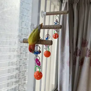 1PC Parrot Perch Stand with Chew Toy, Multifunctional Bird Holder, Glass and Cage Mountable, Handmade Cotton Rope Parrot Toy, Bird Rest, Bird Entertainment