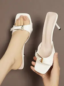 Women's Patent Leather Square Toe Heels, Buckle Strap Stiletto Mules, Elegant Open Toe & Comfortable Footwear for Women, Shoe