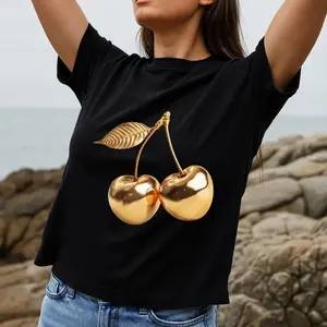 Casual Fashion Women's T-Shirt Golden Cherry Print Summer Streetwear Gift For Friends