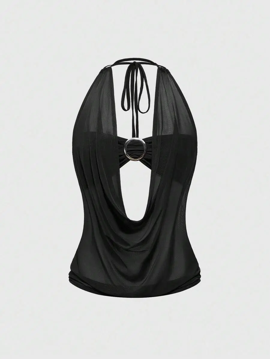 Womens Y2K Draped Neck Backless Strapless Top, Retro Tube Top with Lining, Sexy Summer Going Out Streetwear Party Top