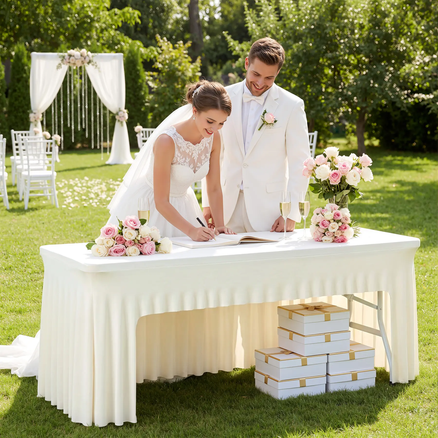 2-Pack Classic Spandex Open Back Elastic Fitted Stretch Tablecloth for 6FT Rectangle Tables, Waterproof Washable Cover for Weddings, Outdoor Events, Parties