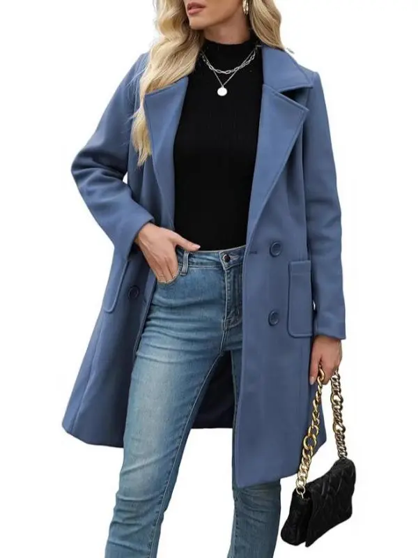 QKU Women's Double Breasted Faux Wool Pea Coat Mid-Length Trench Jacket Elegant Notched Lapel Overcoat in Red & Military Green for Fall Winter Style Womenswear Everyday