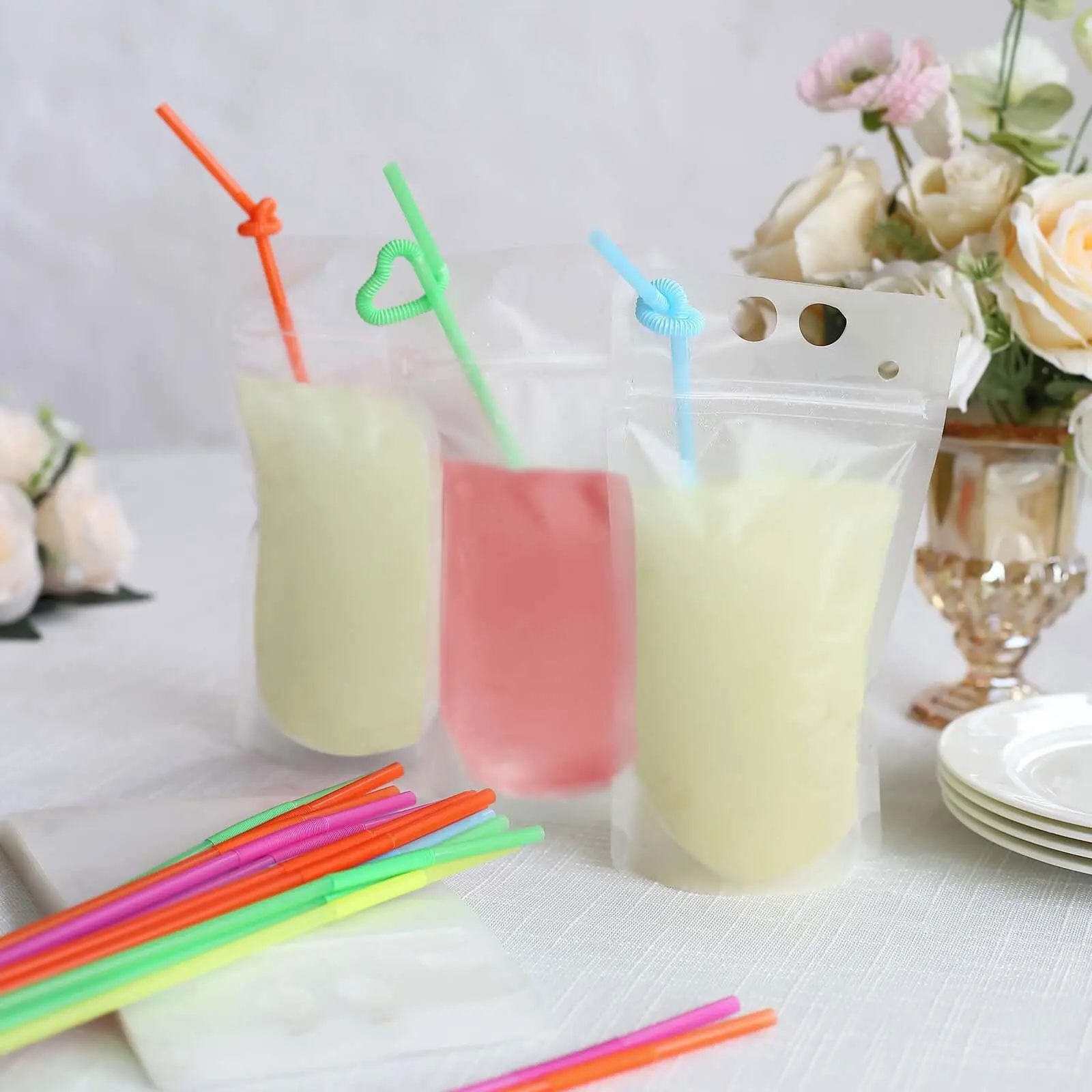 50-Pack Plastic Drink Pouches 12oz Clear - Stand Up Reclosable Hand-Held Juice Smoothie Drink Bags with Straws and Zipper for Travel & Festivals