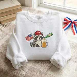 Embroidered 4th of July Raccoon Drinking t-shirt, Patriotic American Flag Tee, 250th anniversary tee, Independence Day Shirt, Hotdog Sweatshirt