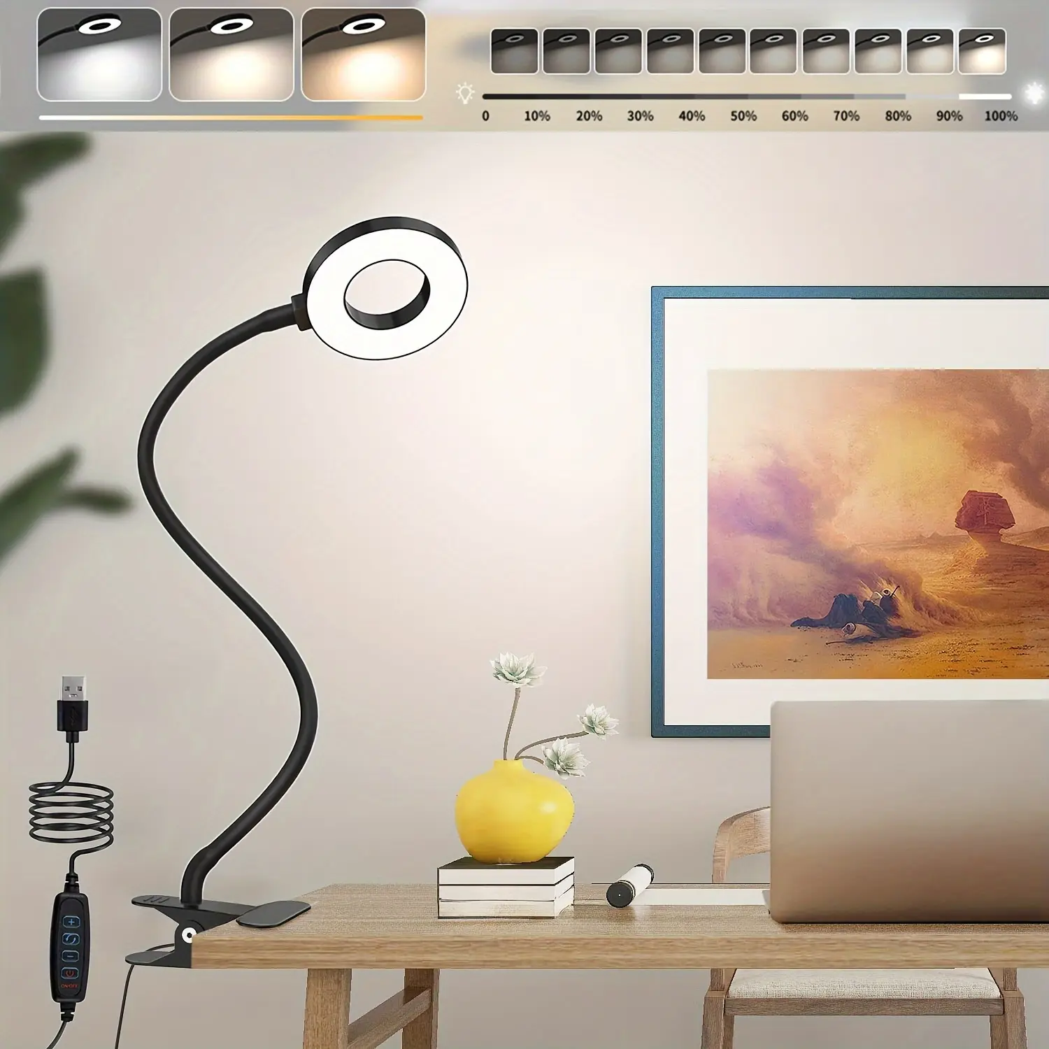 LED Clip Desk Lamp 48 LEDs USB Plug Book Light Flexible Eye Protection Gooseneck 10 Level Adjustable Light Brightness USB Powered Lights