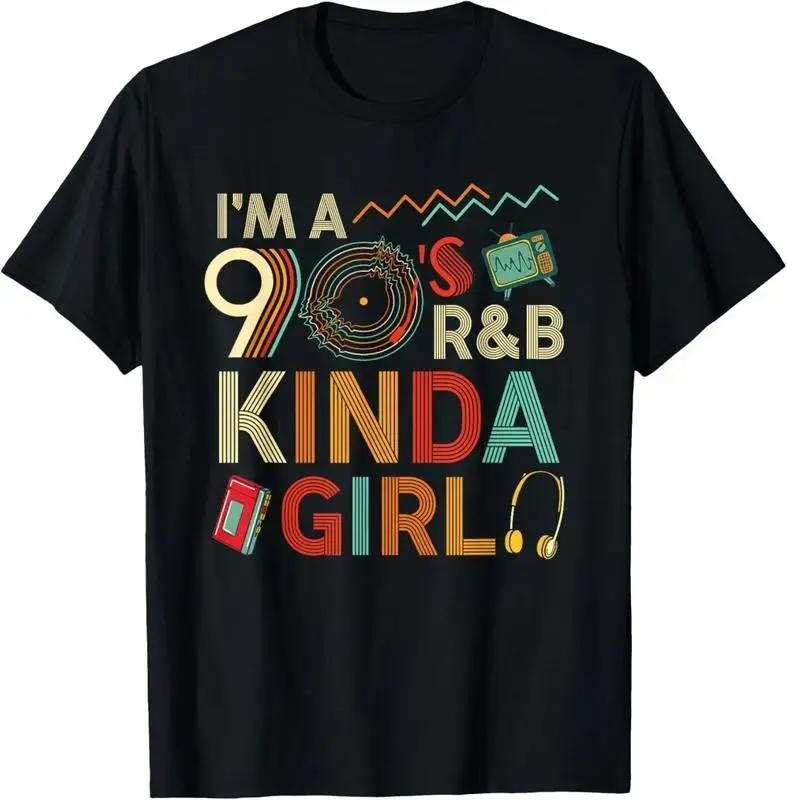 Unisex "I'm A 90's R&B Kinda Girl" T-Shirt Vintage 90s Music Graphic Design Retro Cassette Tape & Record Player Tee Casual Crew Neck Top Nostalgic Streetwear For R&B Lovers & 90s Kids