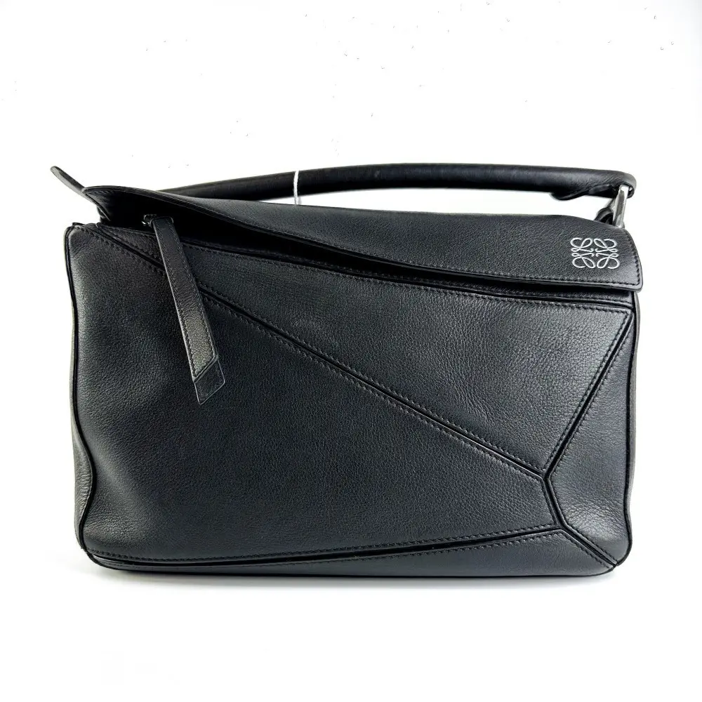Pre-owned Loewe Medium Puzzle Bag Black Grain Calfskin Shoulder Crossbody Bag【864】