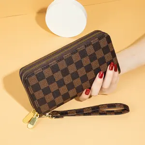 2026 New Women's Wallet European and American Retro Trendy Printed Plaid Large Capacity Clutch Bag with Double Zippers Phone Purse