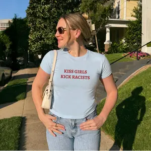 Feminist Baby Tee: Y2K Pro-Immigration Lesbian Activist Shirt