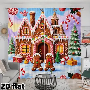 2D Flat 2Pcs Christmas Gingerbread House Curtains, Candy Cane Pattern, Sweet Holiday Theme, Semi Shading Rod Pocket Design, for Living Room Bedroom Kitchen Dining Room Window Decor, Festival Home Decoration, Privacy Protection