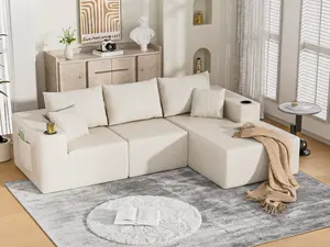 107" Cloud Sectional Couch, Modular Sectional Sofa with L-Shape Chaise, Corduroy Boneless Couch with Deep Seat, Upholstered Sofa for Living Room, No Assembly Required(Right-Facing Chaise, White)