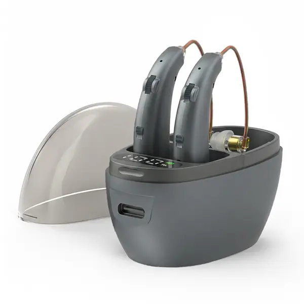 OTC Hearing Aids for Seniors, Rechargeable Noise-Cancelling Sound Amplifiers with LED Charging Case and Volume Control Pair