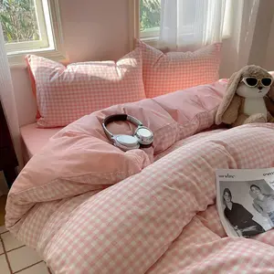 Pink Gingham Duvet Cover Queen Size Reversible Plaid Checkered Duvet Cover 3 Pieces Soft Breathable Washed Microfiber Girls Dorm Bedding Set for All Season