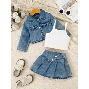 Girls Denim Jacket and Skirt Set, Cute Solid Color, Long Sleeve with Lapel Collar, Regular Fit, Button Detail, Woven Fabric, 35% Polyester 65%, for Spring/Fall Season, for Outdoor