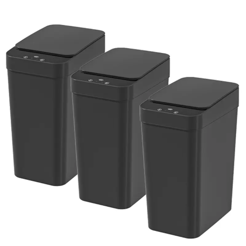 3-Pack BLACK Smart Trash Can Automatic Hands-Free! Wave/Kick/Knee Sensor, 12L/3.1Gal, 6in Ultra Slim, Sealed Odor Control Kitchen Bathroom Office (No Battery), Automatic Garbage Can, Smart Trash Bin, Touchless Trash Bin, Plastic Garbage Bin