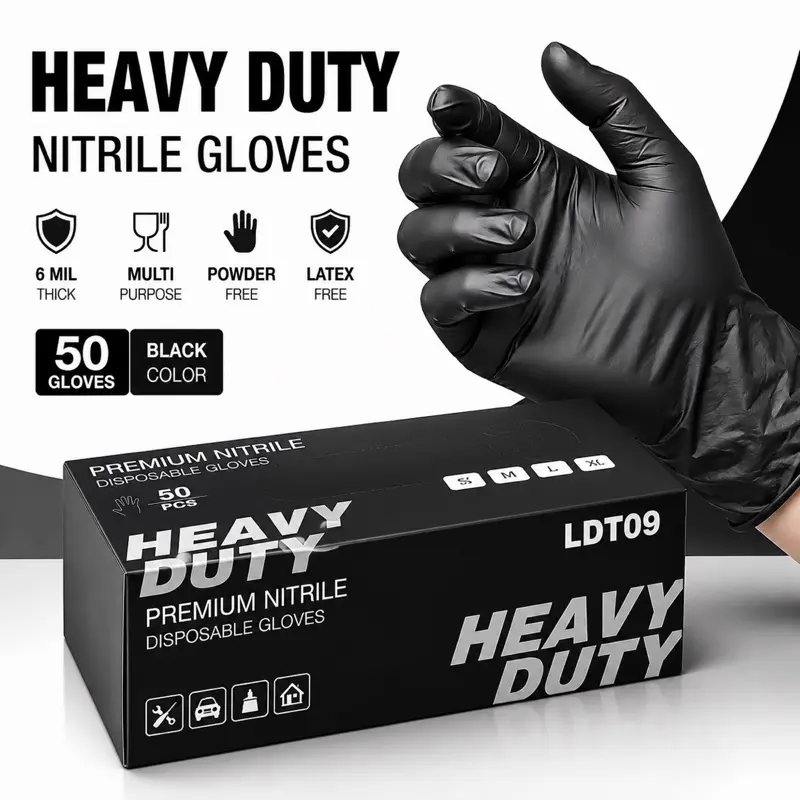 Heavy Duty Nitrile Disposable Gloves - 50 Count, 6 Mil Thick, Powder-Free, Latex-Free, Food Grade, Textured Fingertips, Black, Sizes S M L XL, LDT09