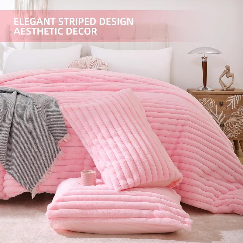 Fluffy  Comforter Set 3 count - Pink Fleece Fluffy Comforter  Set, Luxury Fuzzy  Bed Set, Soft & Warm Bed Comforter  All Season, Heavy  Bedding with 2 Pillow Cases