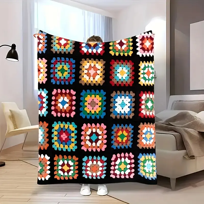 Granny Square Fleece Throw Blanket, Vintage Crochet Patchwork Print Blanket, Boho Colorful Geometric Cozy Plush Blanket for Sofa Bed, Retro Home Decor Gift