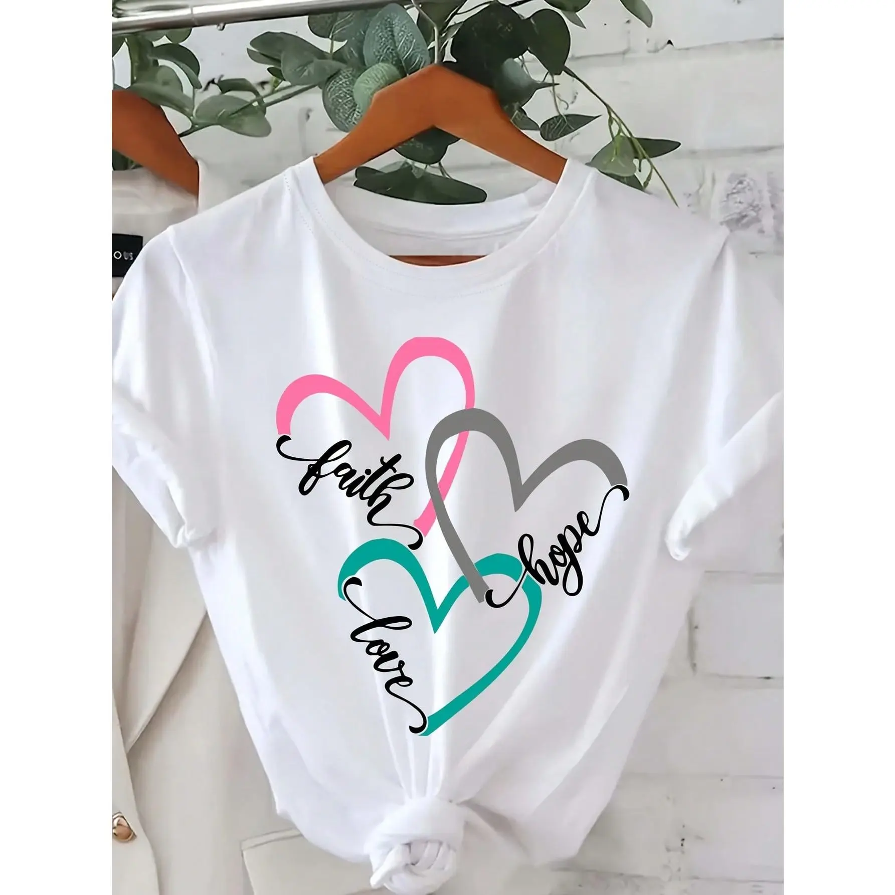 [Faith T-Shirt] Polyester Women's Plus Size Faith Love Hope Letter T-Shirt | Casual Crew Neck Short Sleeve Top, All Season Comfort Fit - 200gsm