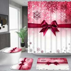1/4 piece Christmas burgundy bow light luxury pattern shower curtain set, waterproof shower curtain with 12 hooks, non-slip bathroom carpet, toilet U-shaped cushion, toilet seat cover cushion, bathroom shower curtain set, perfect moving gift.