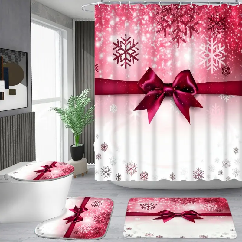 Christmas burgundy bow light luxury pattern shower curtain set, waterproof shower curtain with 12 hooks, non-slip bathroom carpet, toilet U-shaped cushion, toilet seat cover cushion, bathroom shower curtain set, perfect moving gift.