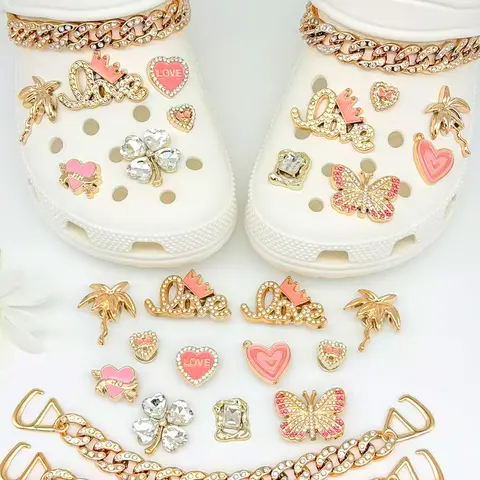 15 Piece Rhinestone Butterfly Shoe Charms Set, Heart Coconut Tree Four-Leaf Clover Chain Shoes Accessories, Shoe Decoration, Sparkling Shoe Charms, Bling Shoe Charms, Shoe Embellishment Set