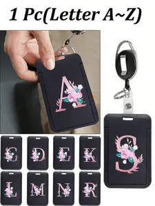 Black ID card holder with black retractable reel clip, printed with pink floral letter combination, letters A-Z, anti-theft card holder, black thumb slot hard plastic card holder, expandable ID card holder, health insurance card holder, Id Badge Holder