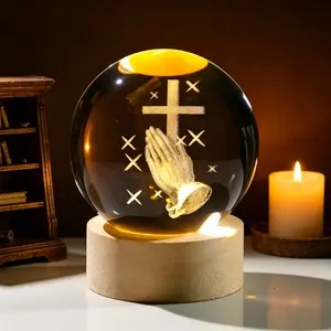 Cross Crystal Ball Night Light, 3D Laser Engraved Prayer Hand LED Lamp, USB Powered Wooden Base, Religious Gift, Home Decor, Memorial Gift