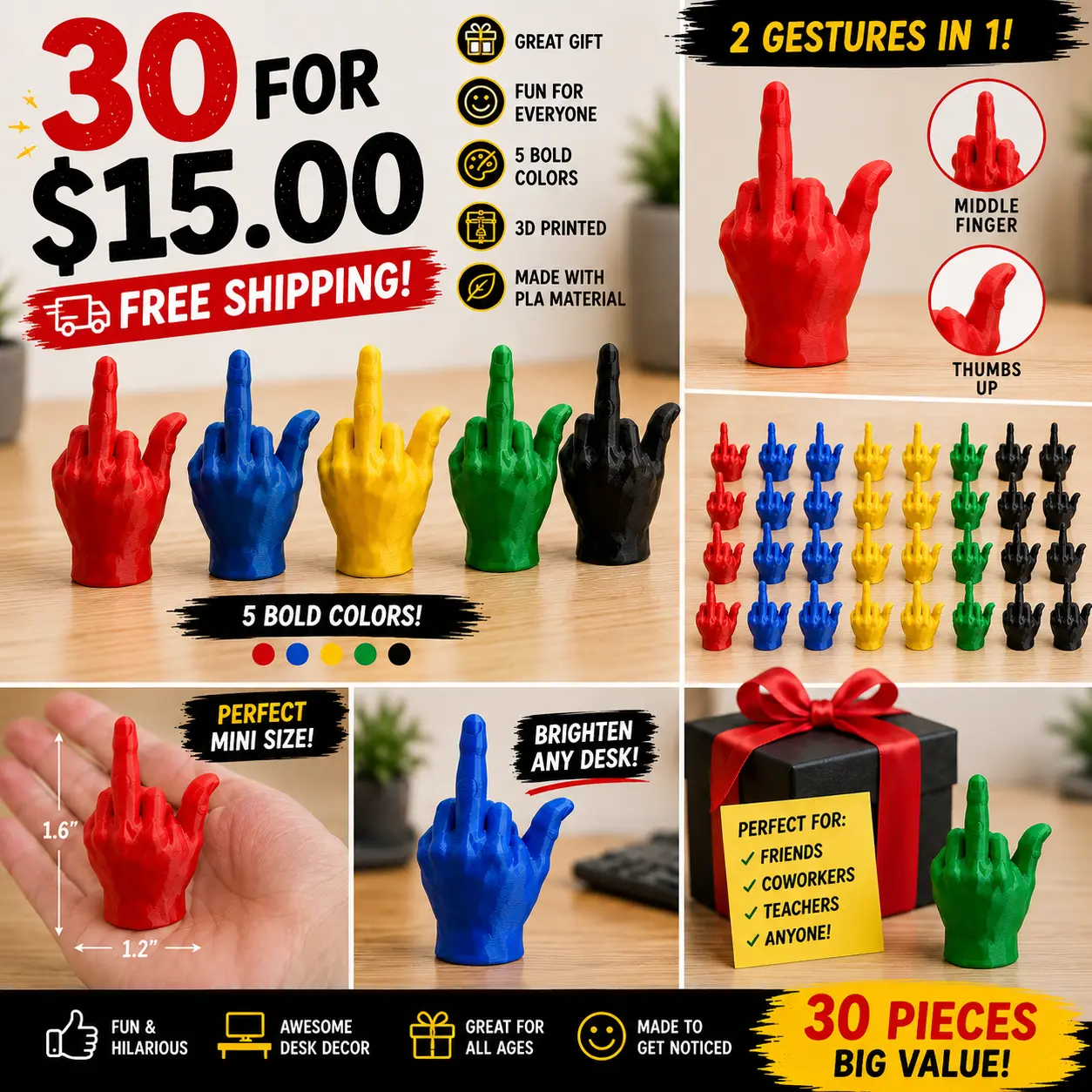 3D Printed PLA Material FIGURINES, Work stress relief,  1.6" x 1.2" Mini Size 5 Bold Colors Red Blue Green Yellow Black Perfect Tip Gift Idea