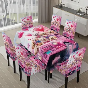 5/7-piece 2D Flat Printing Happy Valentine's Day Pink Car Bears Printing Pattern Tablecloth and Chair Cover Set, for dining table and chair decoration, perfect for home, holiday gatherings, restaurants, and parties.