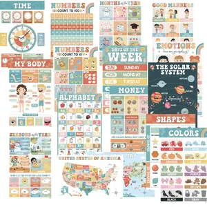 16 Boho Groovy Educational Posters for Preschoolers Laminated Pre-K & Kindergarten Learning Charts for Toddlers 1-3-5 Homeschool Classroom Decor Kids Walls