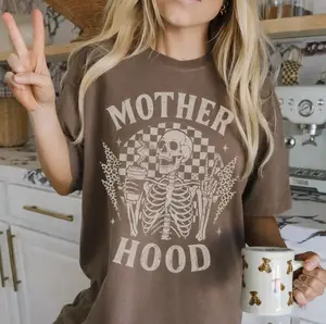 Motherhood Skeleton Coffee Graphic T-shirt, Funny Mom Life Checkered Apparel For Women, Spooky Mama Retro Pink Shirt Gift Idea | 010426.C00825.ID03