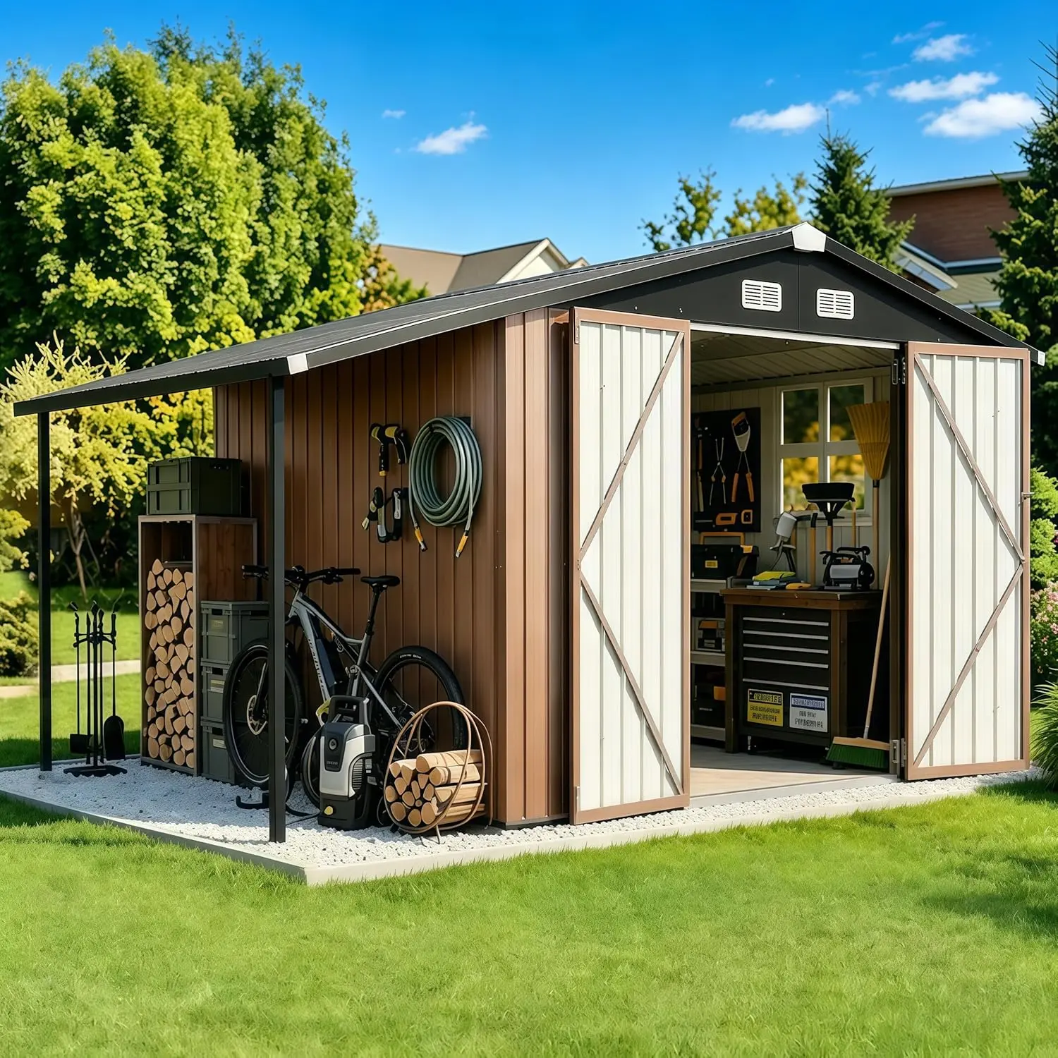 Aoxun 6x10FT Outdoor Storage Shed Lean to ShedswithGazebo,Firewood Storage I Metal Garden Shed withLockable Doors,Pergola,Sloped Roof,Windows, 2 in 1 LargeTool Shed for Patio, Backyard, Lawn
